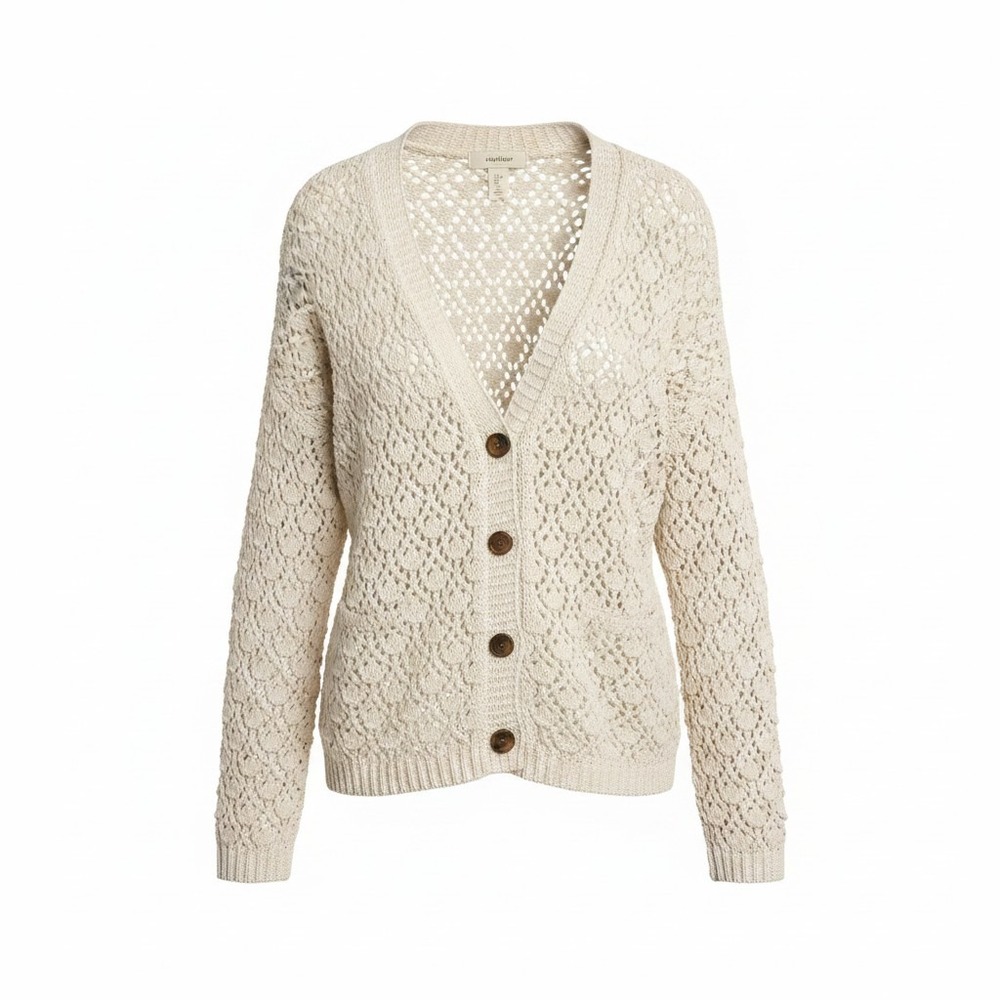 Artelier Nicole Miller Crochet Cardigan Cream Ivory Open Knit V-Neck Sweater Lrg